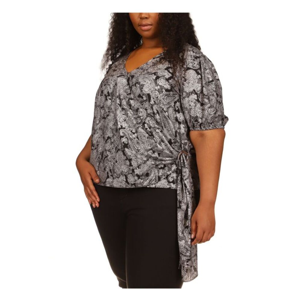 MICHAEL MICHAEL KORS Womens Black O-ring Short Sleeve Wrap Top Plus 3X